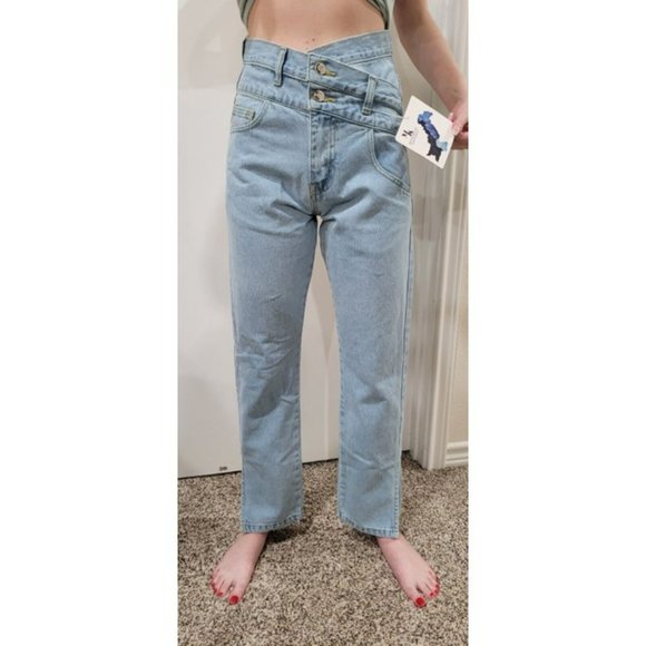 Jeans Double Criss Cross Waist Acid Wash Fashion  New Womans Sz 2 "WHY NOT?" - Picture 2 of 8